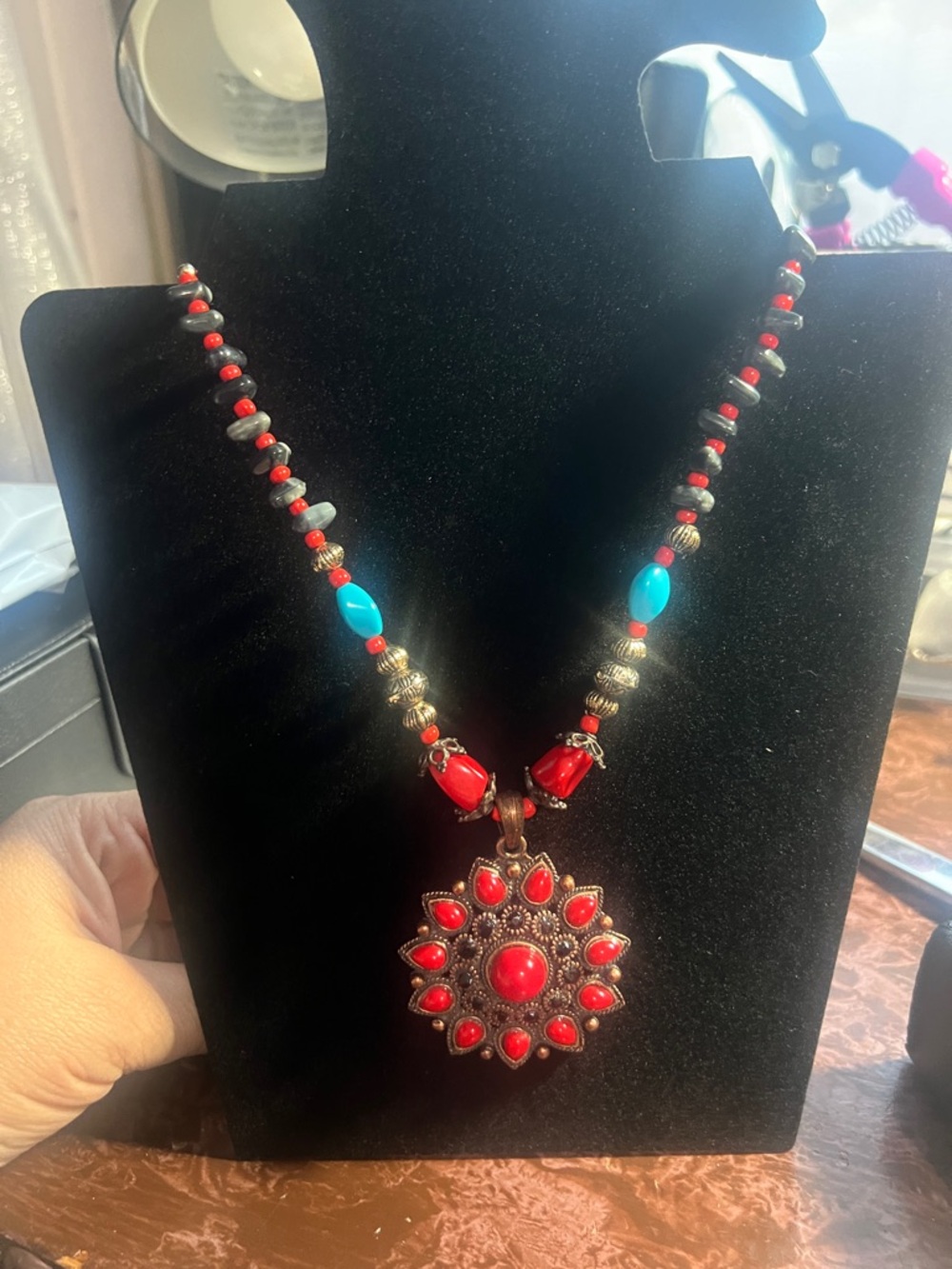 Red Beaded Sunburst Pendant Necklace with Turquoise Accents